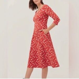 Pact Organic Cotton Floral V-Neck Midi Dress S Fit & Flare Pockets 3/4 Sleeve